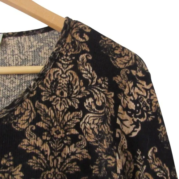 Jones New York Sport Black Brown Ribbed Henley Top Large Floral Y2K Victorian - Picture 4 of 8